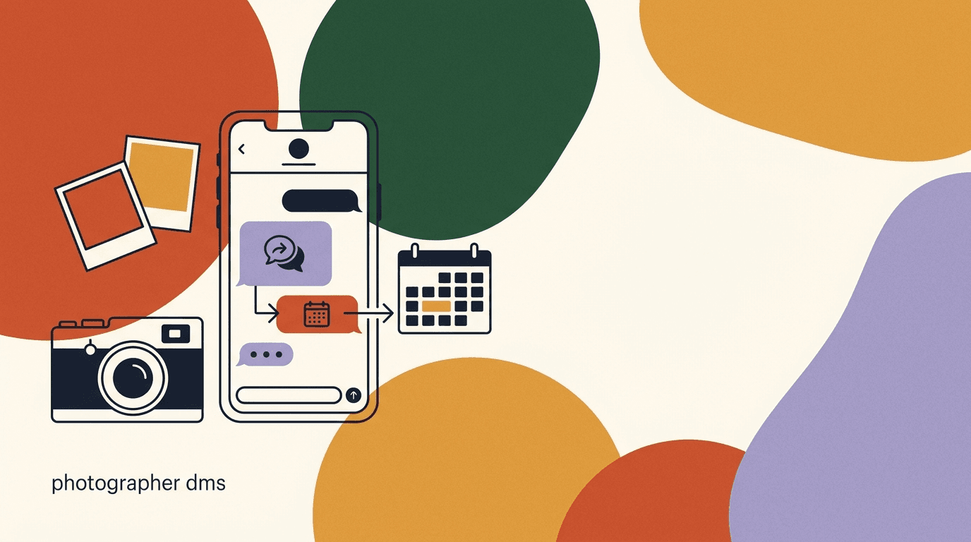 Flat illustration of a photographer reviewing Instagram DM inquiries and booking sessions through photographer Instagram automation on a phone