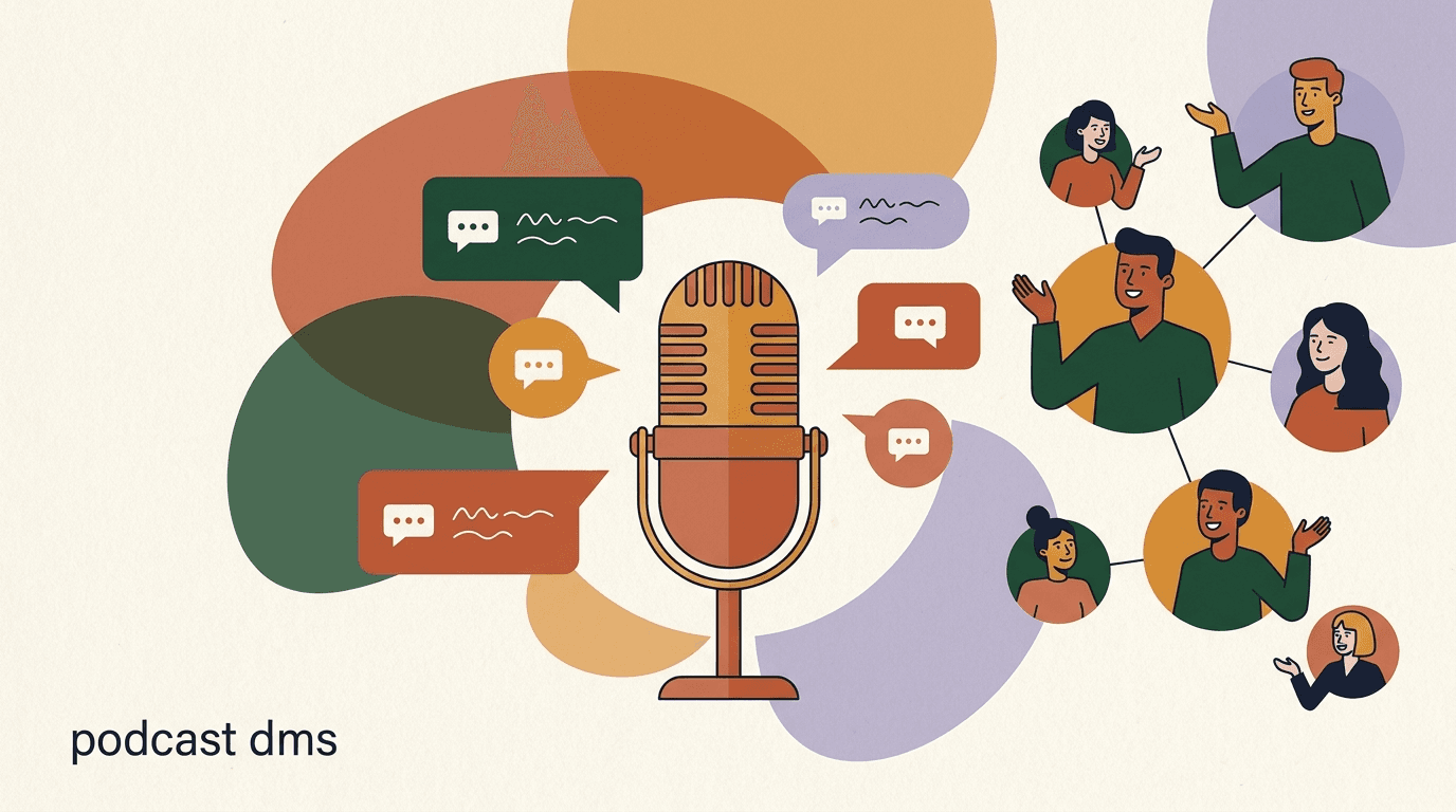 Flat illustration of a podcast microphone surrounded by chat bubbles and an opt-in toggle, representing podcast DM growth on Instagram