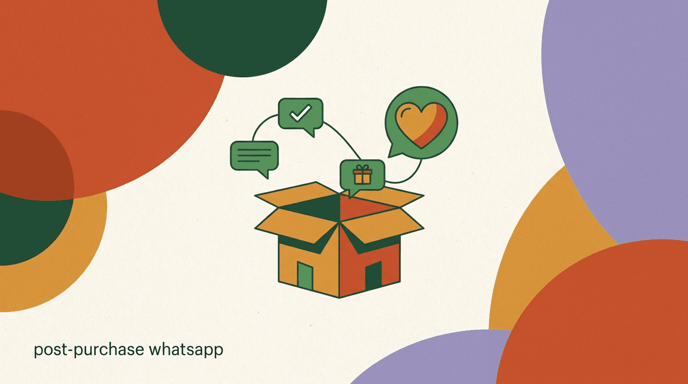 Flat illustration of a D2C order journey on a phone showing a post-purchase WhatsApp sequence with confirmation, shipping, review, and replenishment chat bubbles