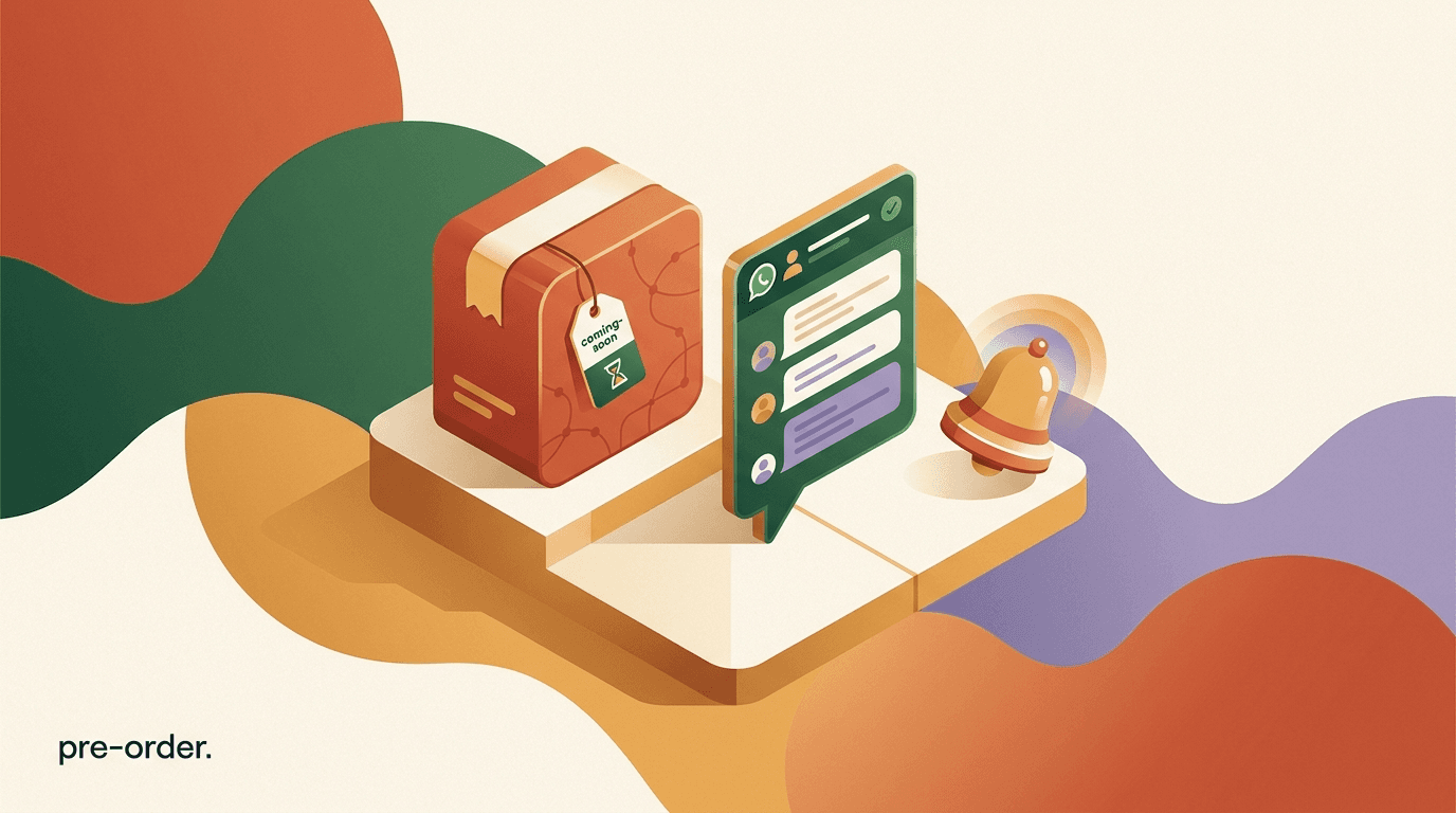 Flat illustration of a phone showing a pre-order WhatsApp waitlist opt-in and a product drop notification with chat bubbles and a countdown
