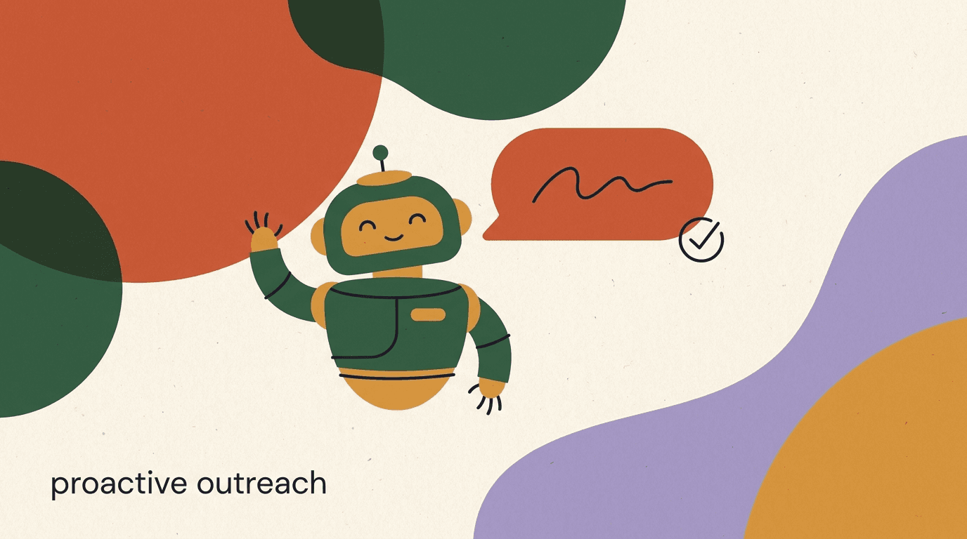 Flat illustration of a marketer sending a single well-timed chat bubble to a person who opted in, showing proactive messaging without spam