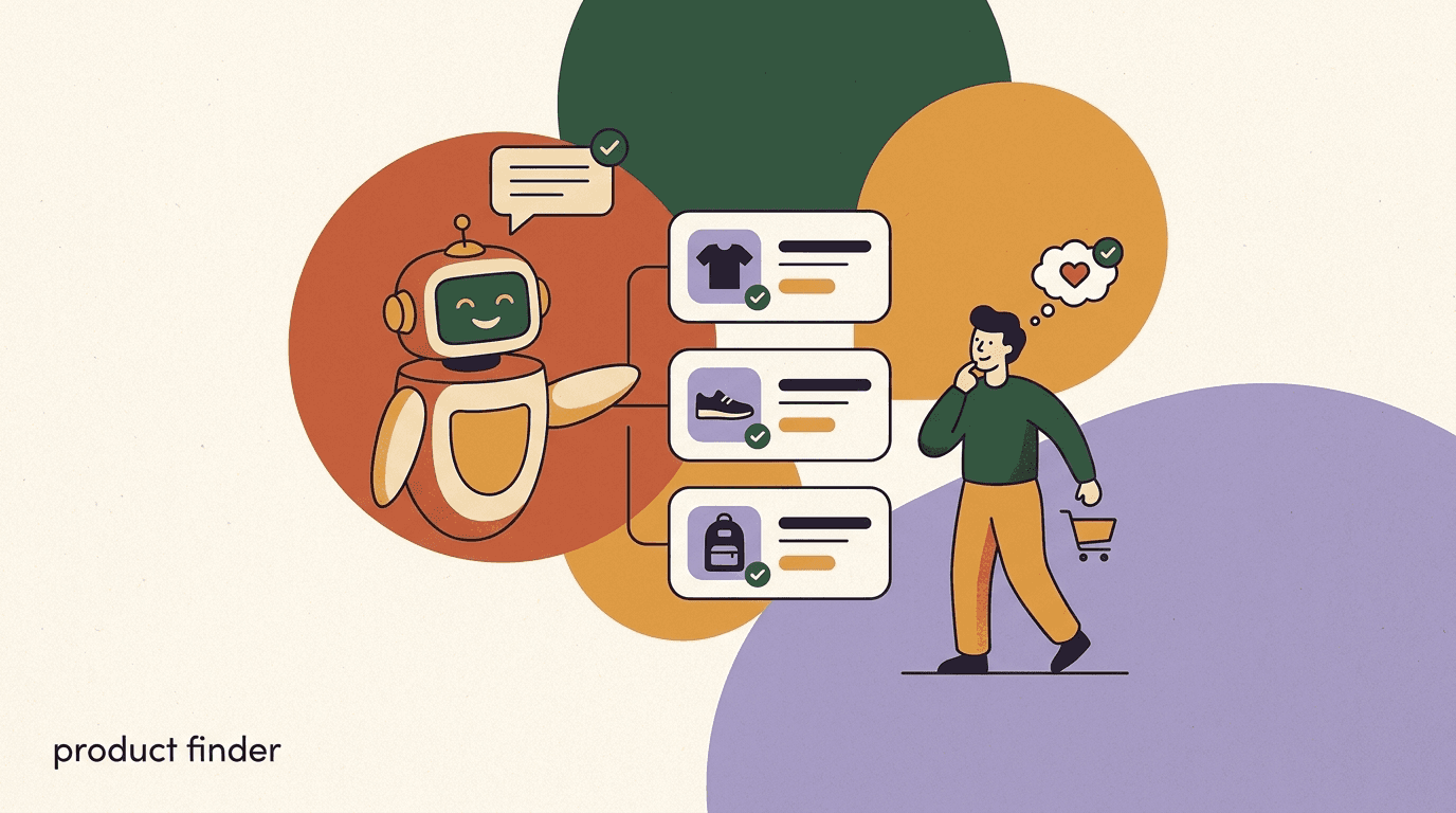 Flat illustration of a friendly product recommendation chatbot acting as a shop assistant, holding a tray of product cards and a chat bubble for a shopper