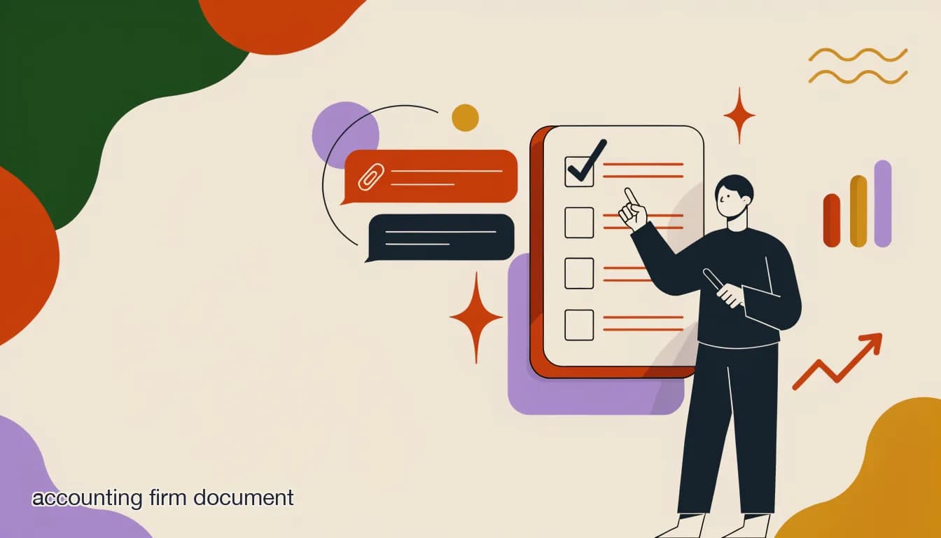 Flat illustration of an accountant checking off a document checklist next to a chat thread requesting client files, on How Accounting Firms Automate Client Document Collection (Without Chasing)