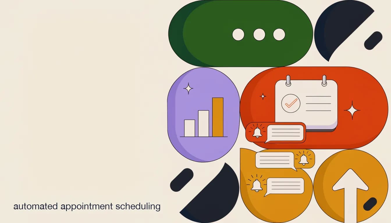 Flat illustration of a calendar with a confirmed appointment next to a chat thread showing reminder notifications, on Automated Appointment Scheduling for Professional Services Firms