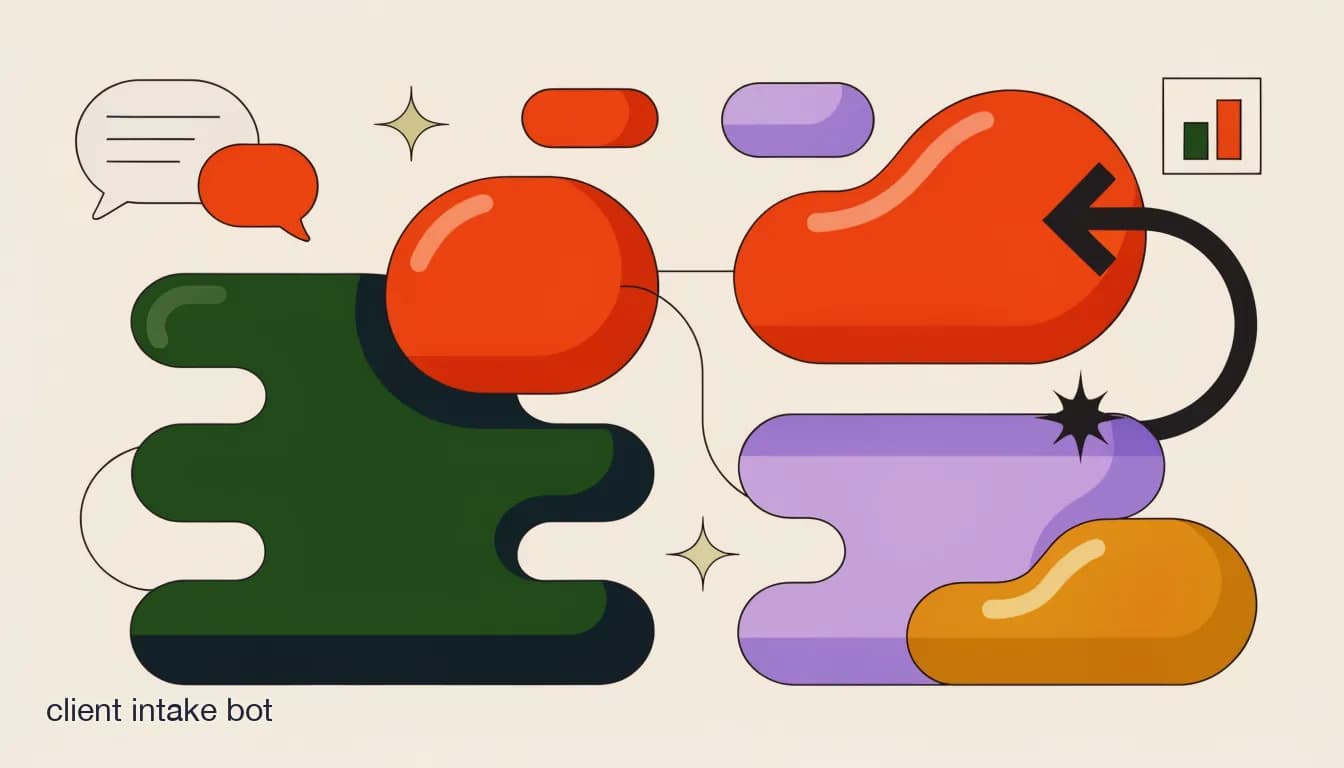 Flat illustration of a professional services chatbot answering client FAQs with a human handoff arrow, on AI Client Intake Bot for Professional Services: What It Can (and Can't) Do