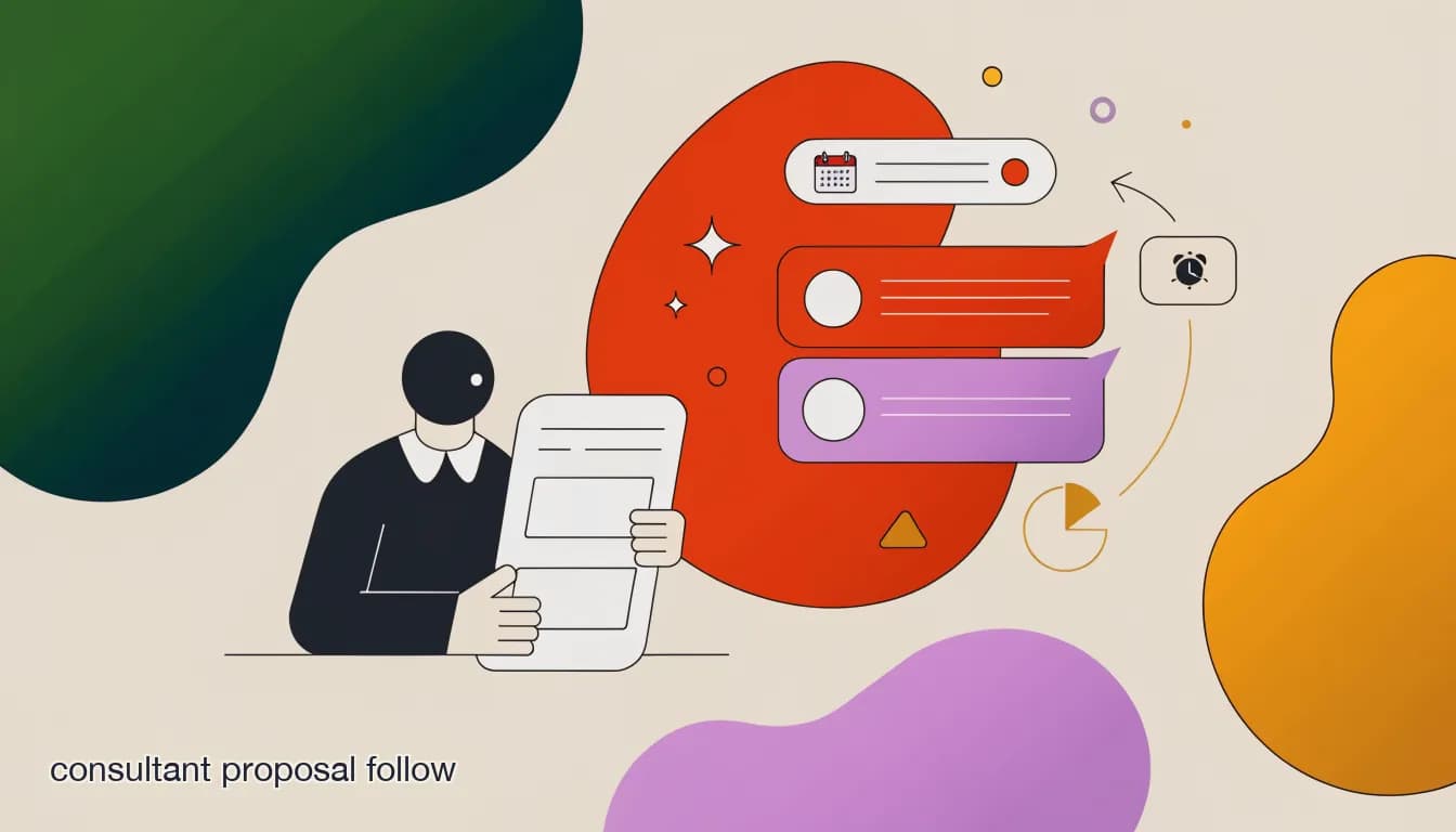 Flat illustration of a consultant reviewing a proposal document next to a chat thread with a scheduled follow-up reminder, on Consultant Proposal Follow-Up: How to Stop Losing Deals to Silence