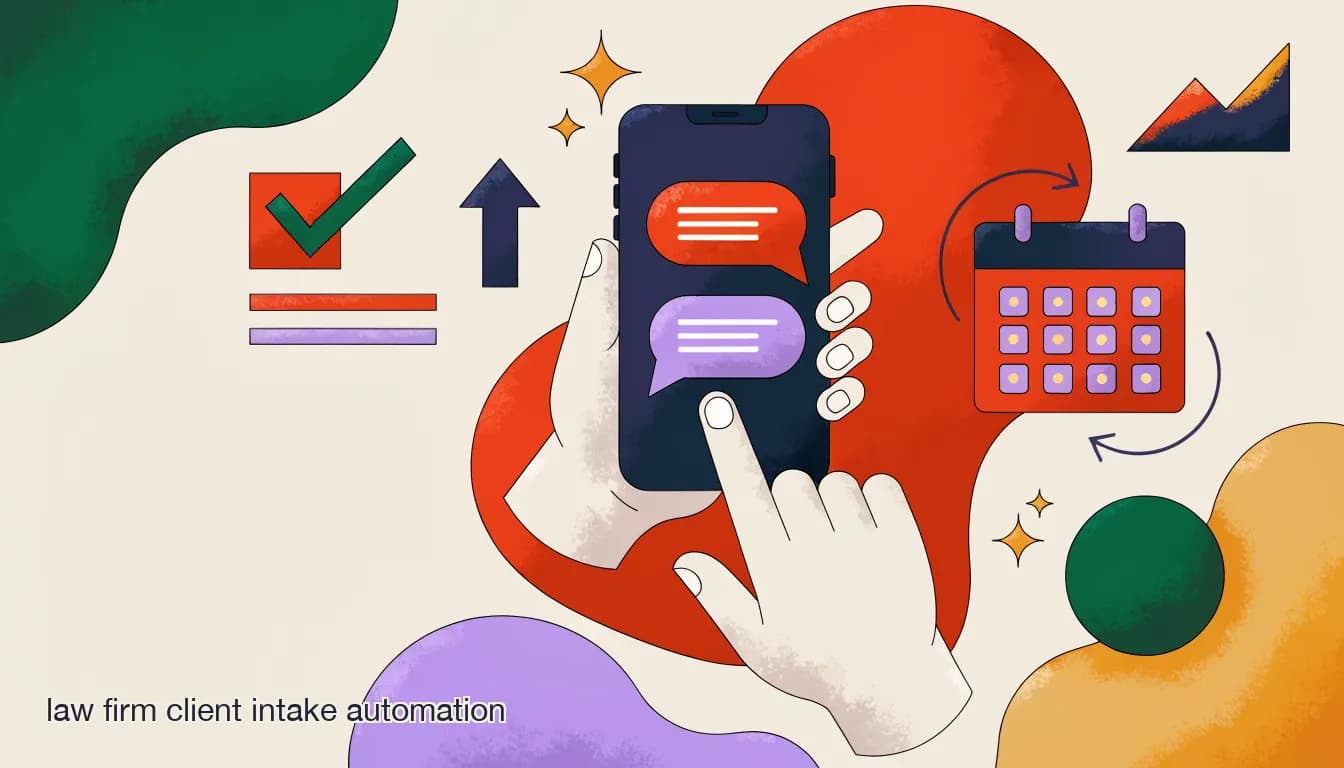 Flat illustration of a law firm intake conversation on WhatsApp with a checklist and calendar booking, on Law Firm Intake Automation: Qualifying and Booking Clients on WhatsApp