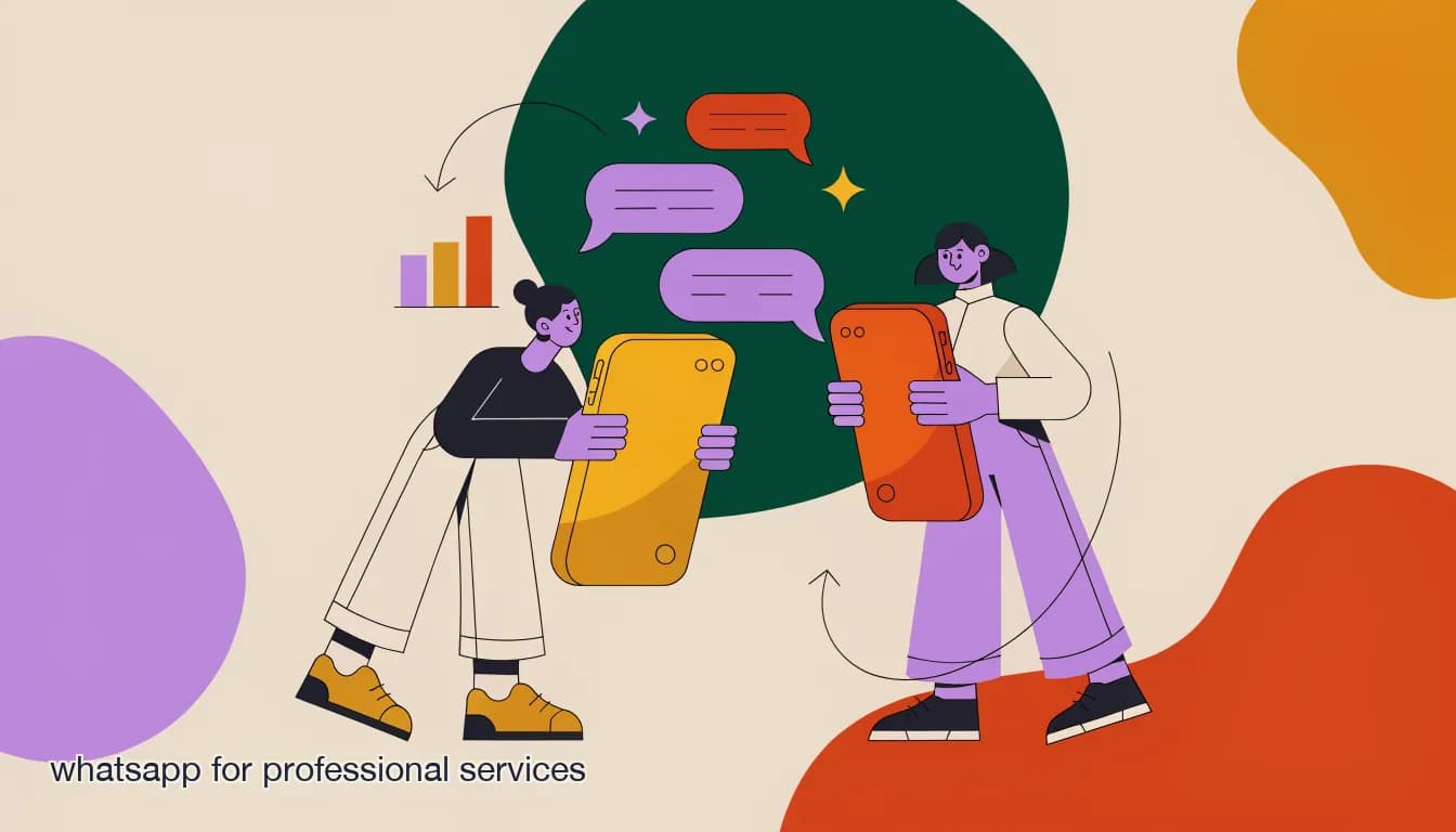 Flat illustration of a lawyer and accountant answering client messages on WhatsApp from a shared inbox, on WhatsApp for Professional Services Firms: The 2026 Guide