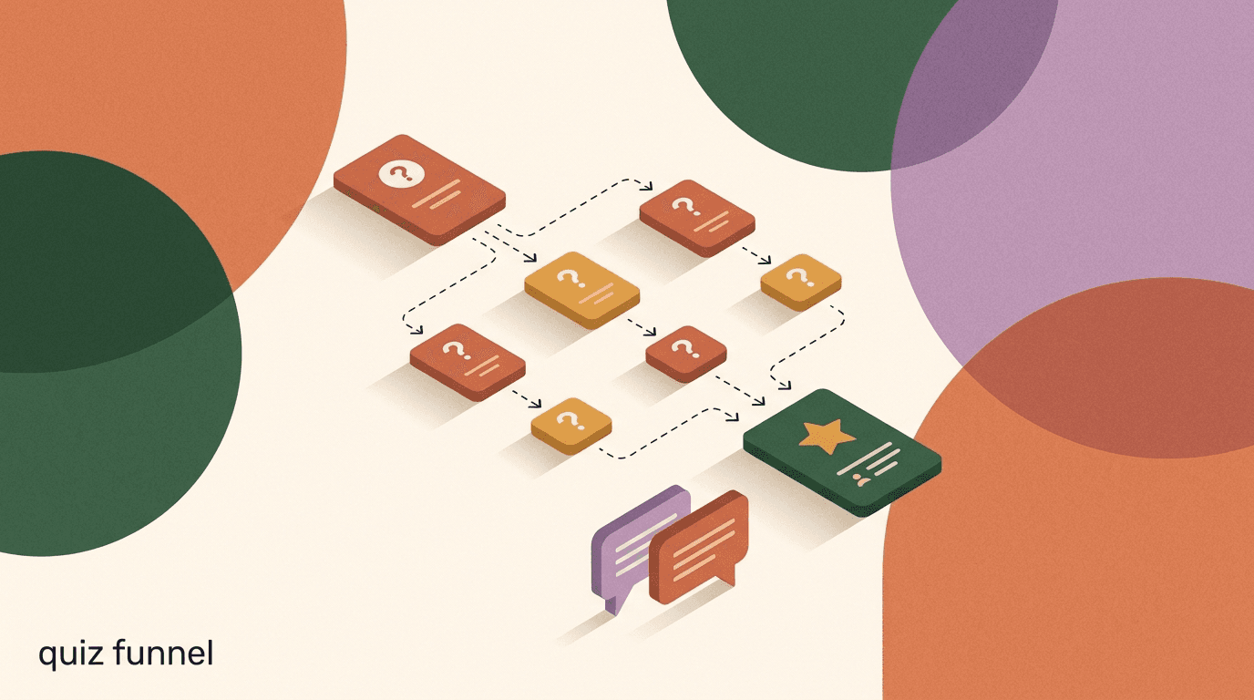 Flat illustration of a chat window with a branching quiz funnel flow, answer buttons splitting into a personalized product recommendation