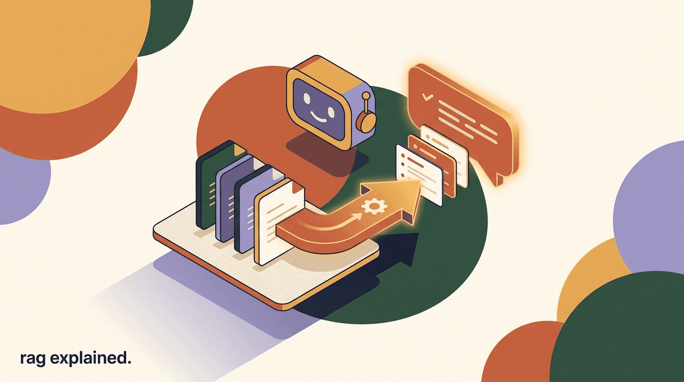 Flat illustration of RAG explained for marketers — an AI assistant pulling answers from a labeled company knowledge base of documents and FAQs