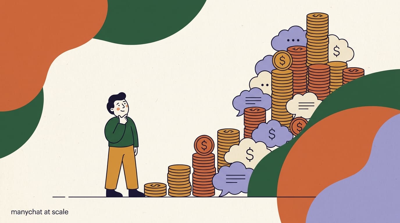 Flat illustration of climbing coin stacks and chat bubbles showing the rising real cost of ManyChat at scale