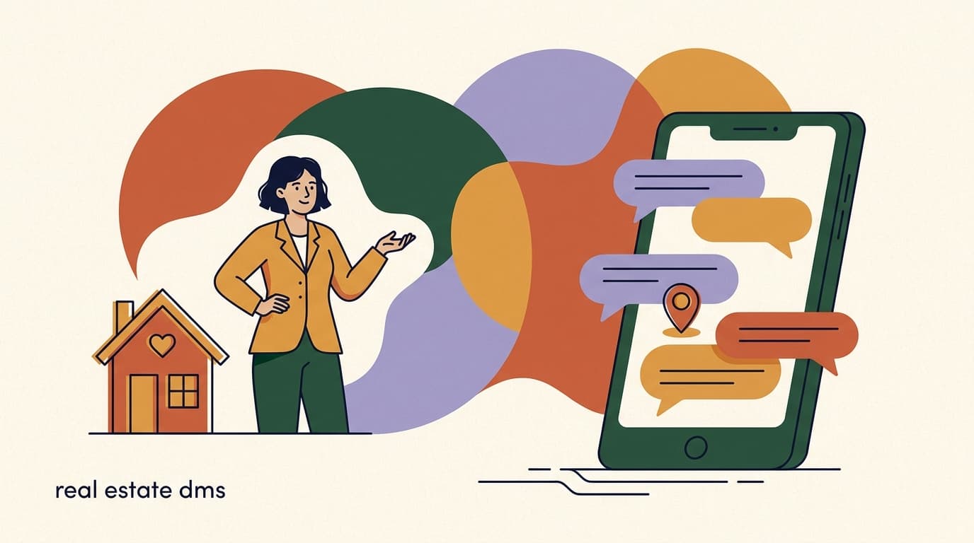 Flat illustration of a real-estate agent with a house and phone chat bubbles, on real estate DM automation