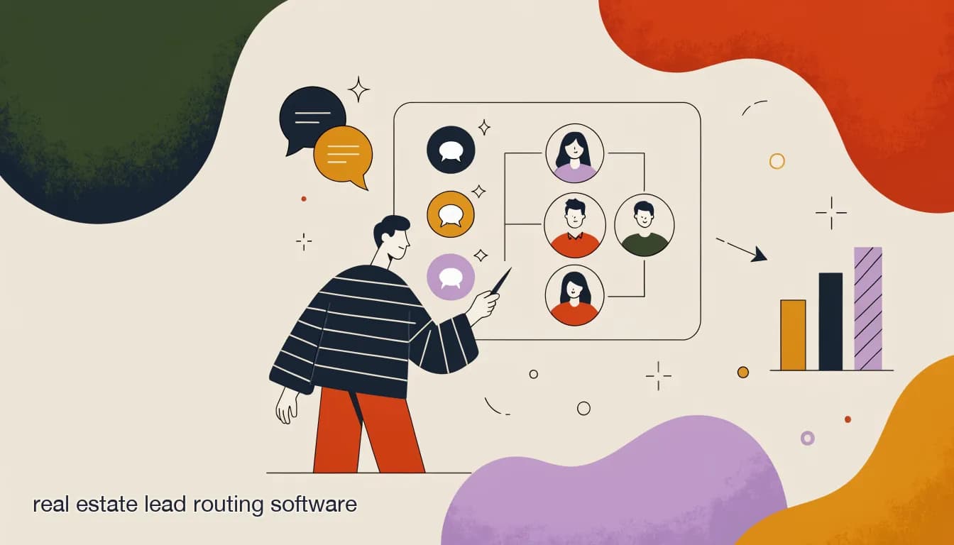 Flat illustration of Real estate team evaluating lead routing software on a whiteboard, showing social media lead icons and agent assignment routing diagram, on Best Real Estate Lead Routing Software for Teams (2026)