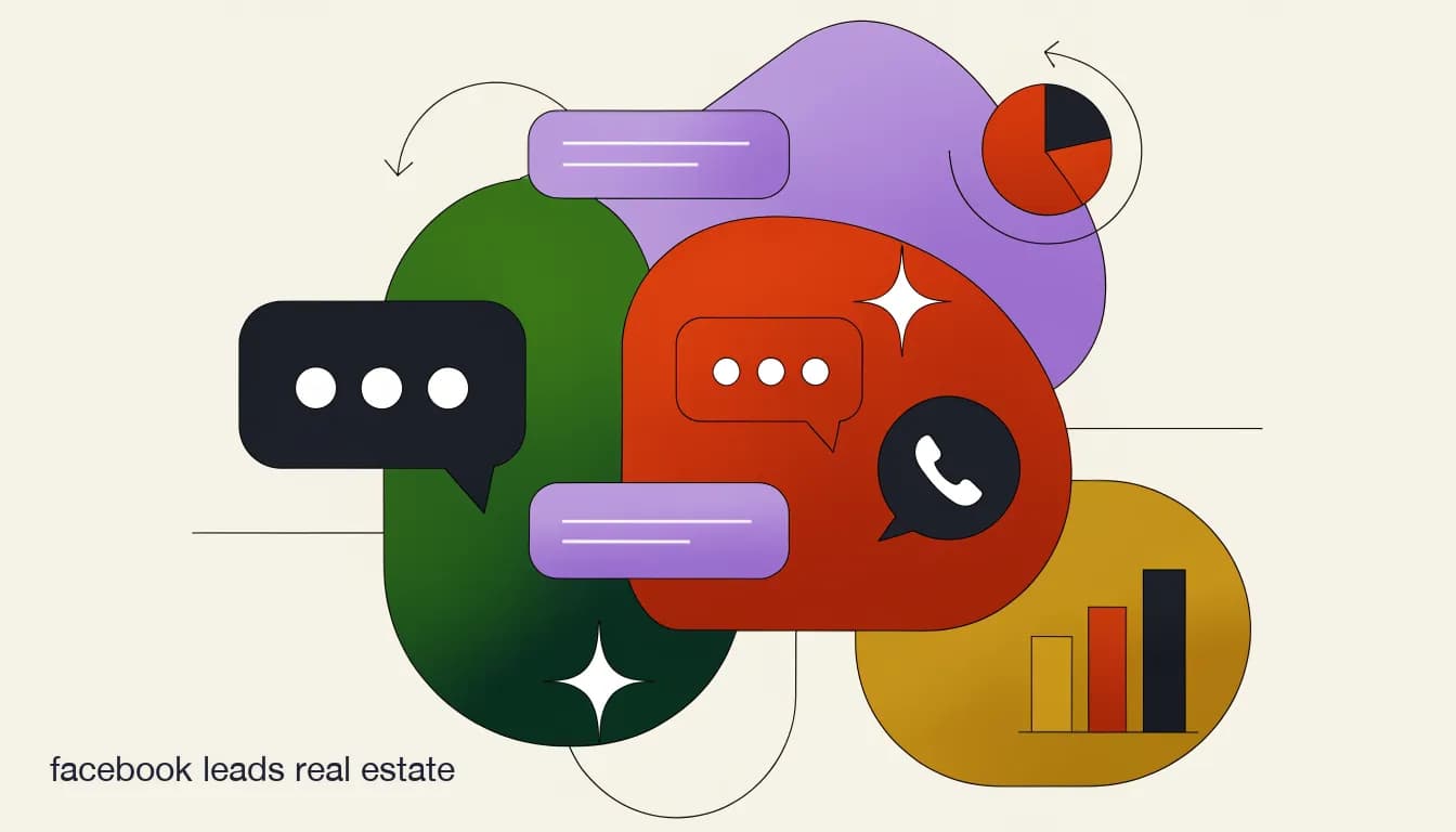 Flat illustration of Facebook Messenger chat showing a real estate lead replying to a comment-to-DM automation triggered by a home listing post, on Facebook Leads for Real Estate: Turning Comments and Messages Into Showings