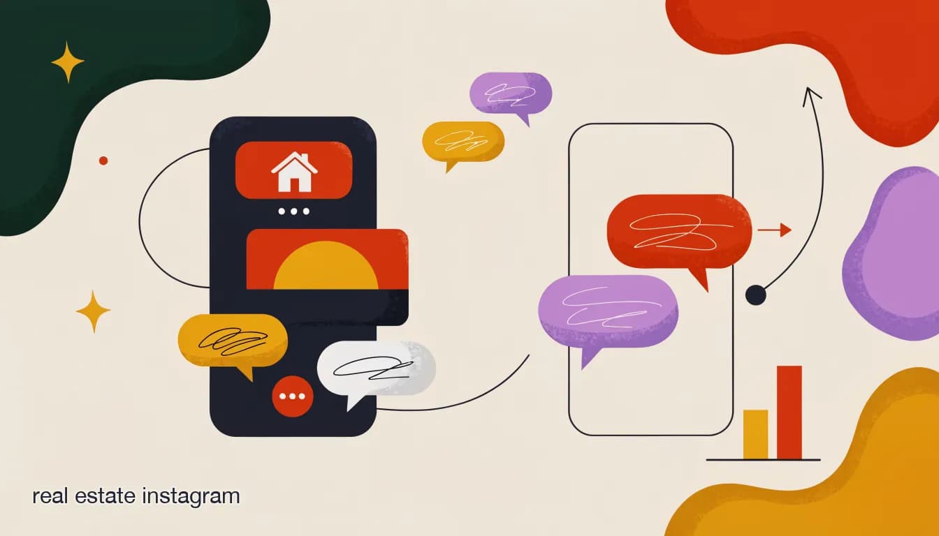 Flat illustration of a real estate agent's phone showing an Instagram listing post with comments turning into a DM conversation, on Real Estate Instagram Lead Generation: The 2026 Playbook