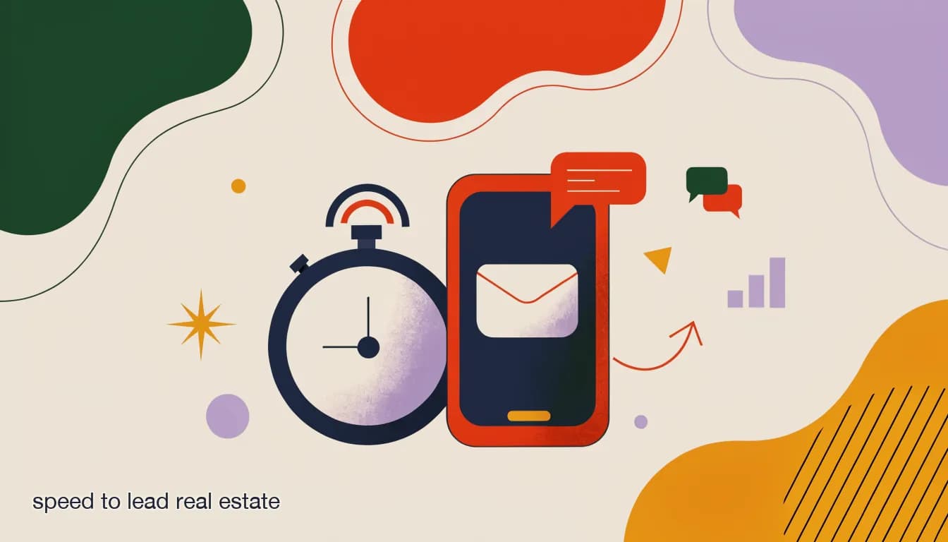 Flat illustration of a stopwatch next to a phone showing a new real estate lead message arriving, representing speed to lead, on Speed to Lead in Real Estate: Why the First 5 Minutes Win the Deal