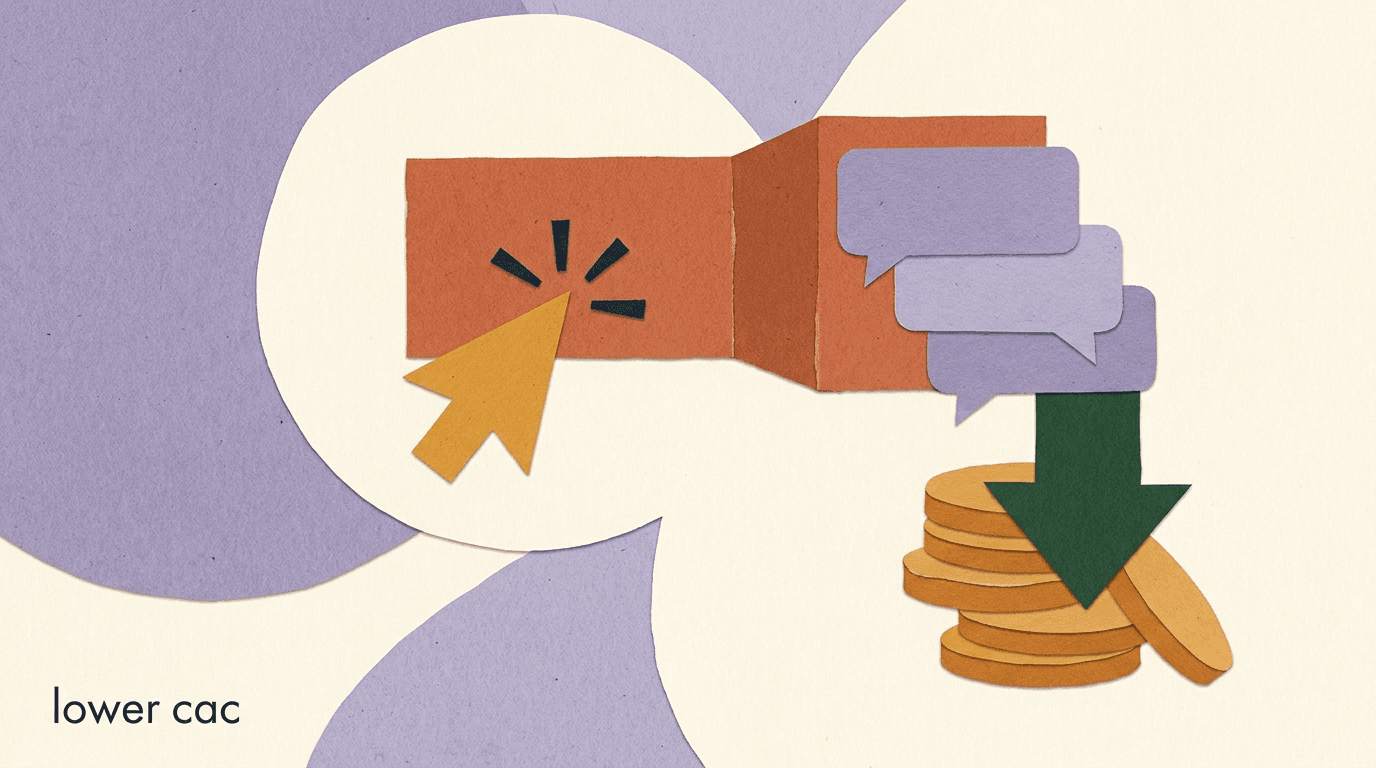 Flat illustration of a Shopify store owner lowering a customer acquisition cost meter using reduce CAC chat automation, with chat bubbles converting ad clicks into orders