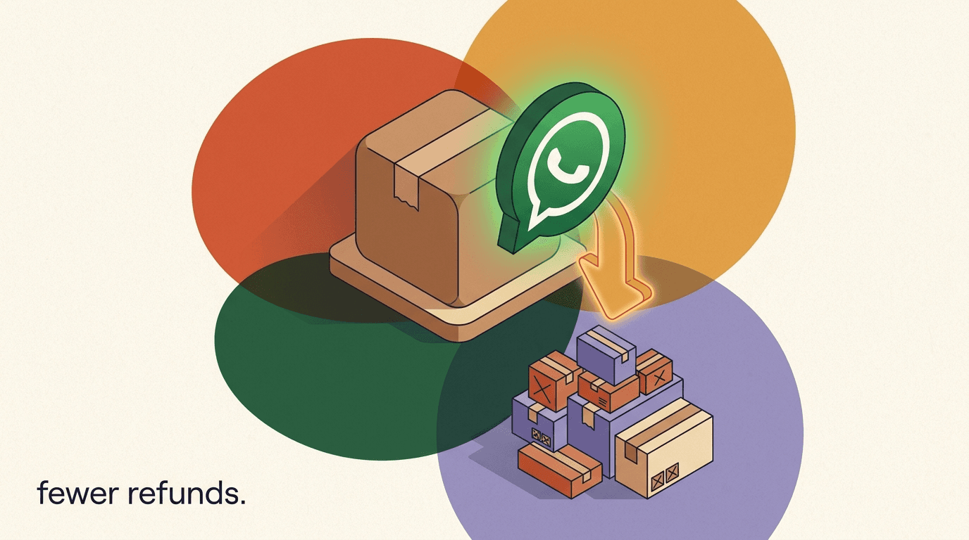 Flat illustration of a Shopify package, a falling refund chart, and WhatsApp chat bubbles showing how to reduce Shopify refunds with WhatsApp