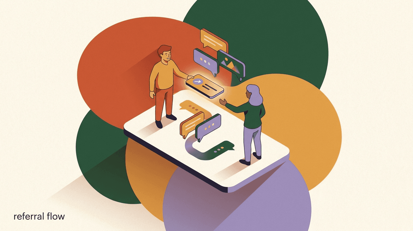 Flat illustration of a happy customer sending a refer-a-friend DM with a referral link, showing a referral flow moving from one chat bubble to another