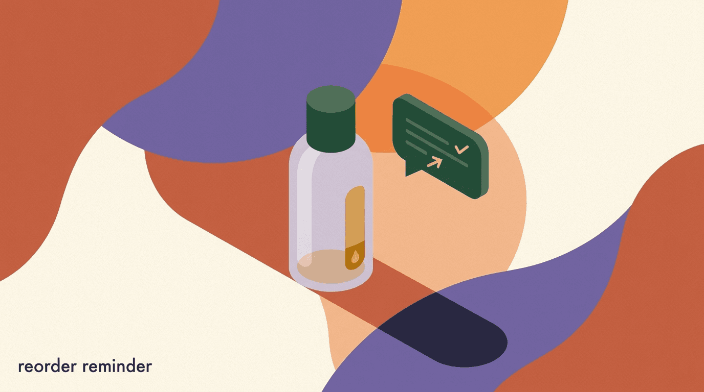 Flat illustration of a phone showing a running-low chat nudge next to an almost-empty product bottle, on replenishment reminders that drive reorders