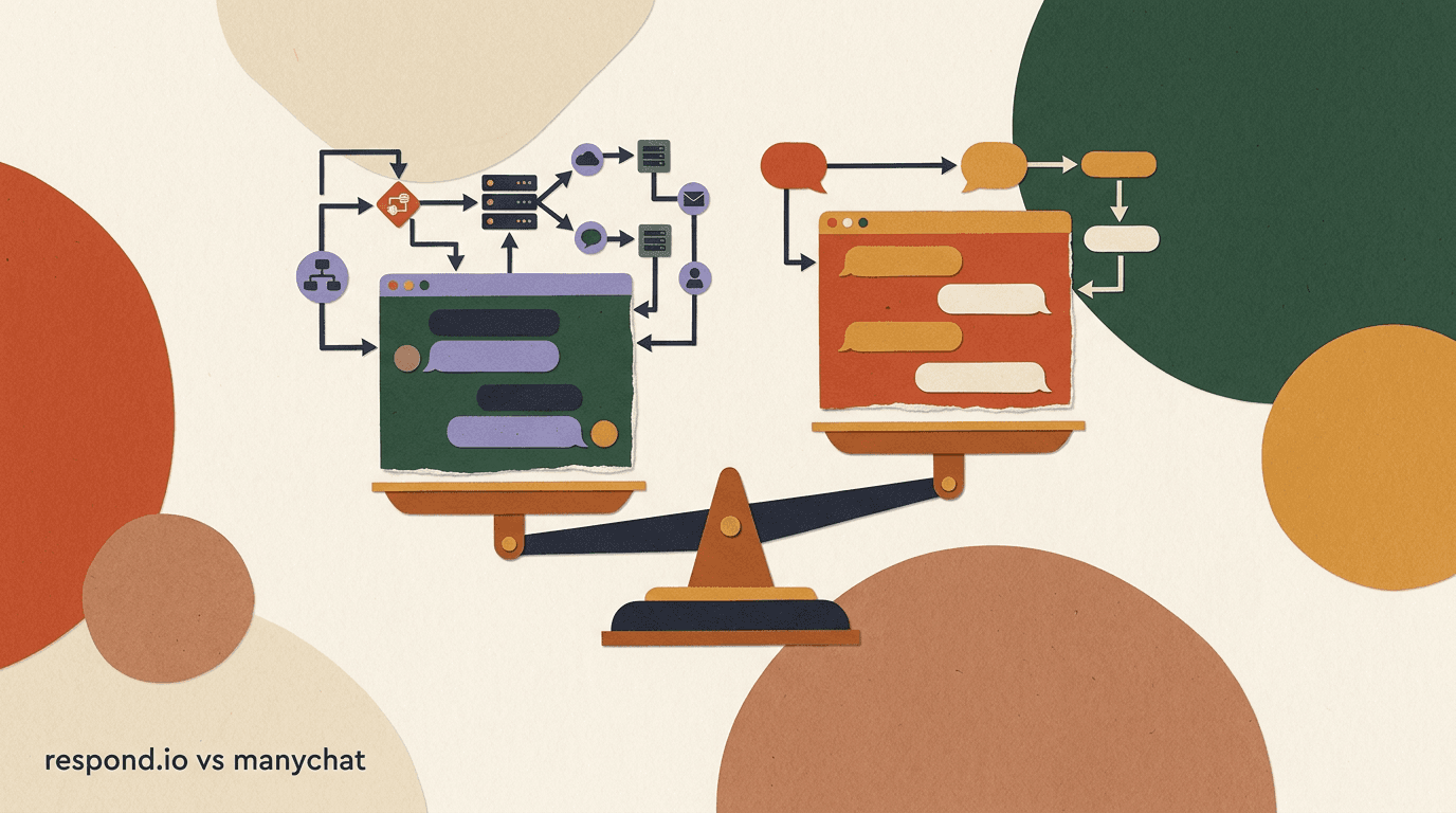 Flat illustration of two messaging platforms on a split scale — an enterprise routing dashboard against a creator chat-automation builder — comparing Respond.io vs ManyChat