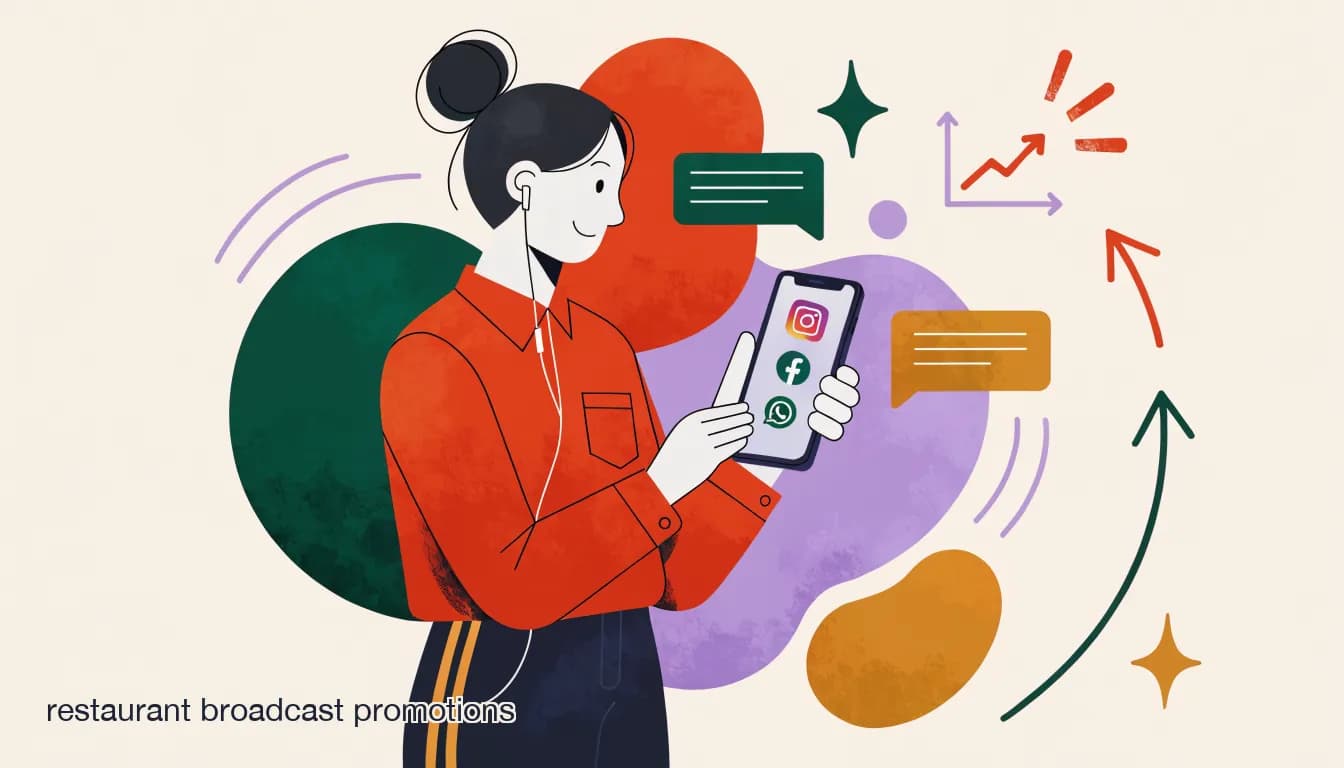 Flat illustration of Restaurant manager sending a broadcast promo message to opted-in customers across Instagram, Facebook, and WhatsApp on a phone, on How to Run Restaurant Broadcast Promotions Without Getting Flagged