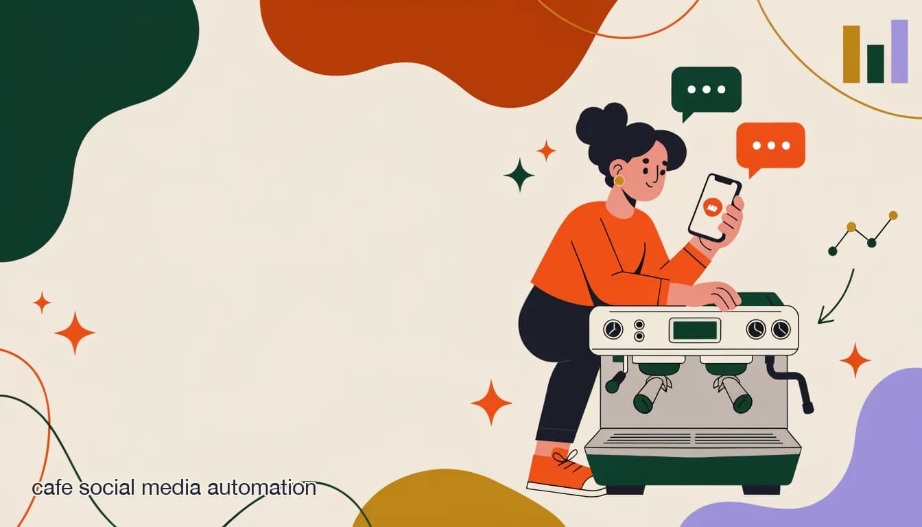 Flat illustration of Illustration of a small cafe owner behind an espresso machine replying to Instagram and WhatsApp messages on a phone, on Café Social Media Automation: A Practical Guide for Small Teams