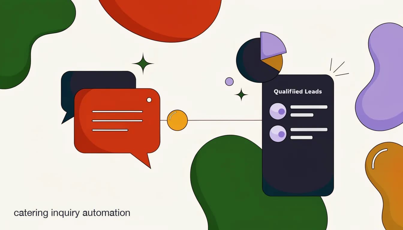 Flat illustration of a catering inquiry chat conversation being sorted into a qualified leads list on a phone screen, on Catering Inquiry Automation: Turning DMs Into Booked Events