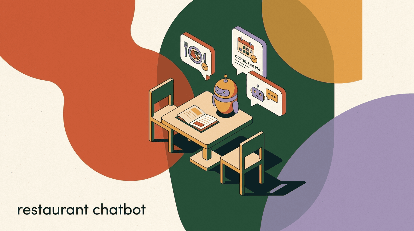 Flat illustration of a restaurant chatbot handling orders, reservations and review requests across WhatsApp and Instagram DM chat bubbles