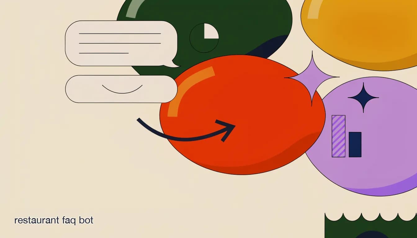 Flat illustration of a restaurant chatbot answering hours, menu, and location questions in a phone chat window, on Building a Restaurant FAQ Bot for Hours, Menu & Location Questions