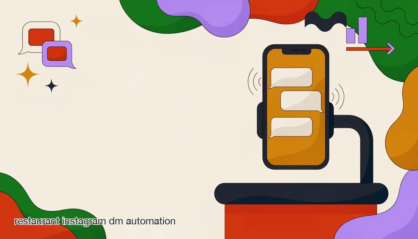 Flat illustration of a restaurant host stand with a phone showing automated Instagram DM replies about reservations, hours, and menu questions, on How to Automate Instagram DMs for Your Restaurant