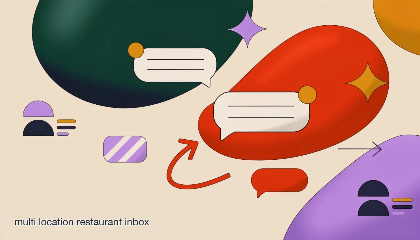 Flat illustration of a shared restaurant inbox routing DMs from several locations into organized, assigned conversation threads, on Managing a Multi-Location Restaurant Group's Inbox Without Chaos