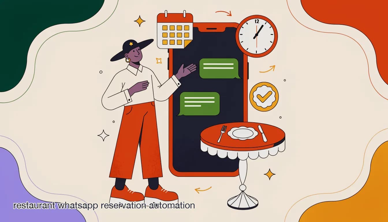 Flat illustration of a restaurant table booking confirmation appearing inside a WhatsApp chat on a phone, on How to Automate Restaurant Reservations on WhatsApp
