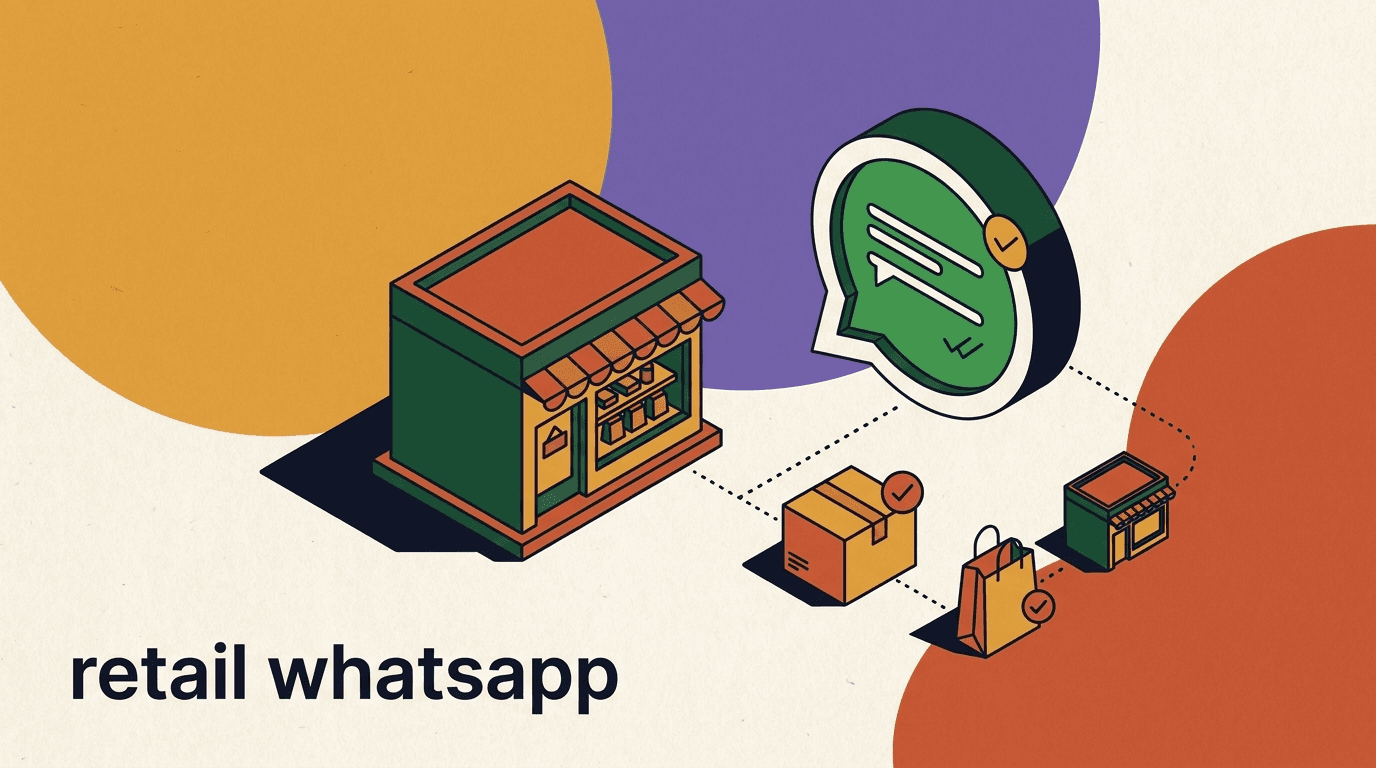 Flat illustration of a retail store WhatsApp chat showing a stock check, a hold confirmation, and a store pickup pin on a phone screen