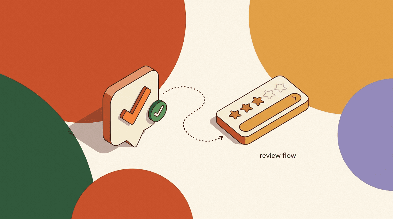 Flat illustration of a chat automation sending a review request flow after a purchase, with a five-star rating and a Google reviews link in a message bubble