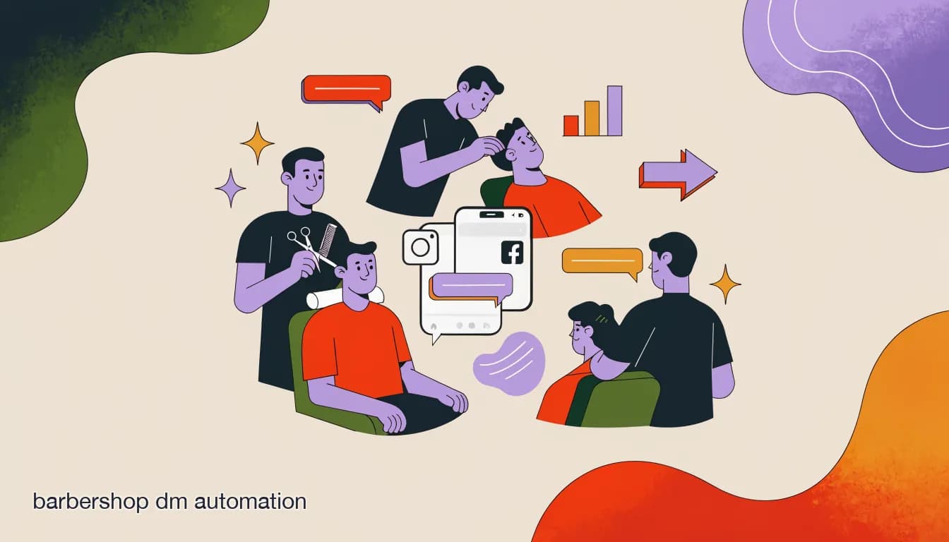 Flat illustration of a multi-chair barbershop with barbers at work and a single shared phone screen routing client DMs automatically across Instagram and Facebook, on Barbershop DM Automation: Answer Every Client Without a Full-Time Front Desk