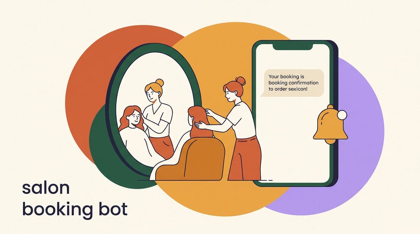 Flat illustration of a salon booking chatbot turning an Instagram DM into a confirmed appointment with a deposit and reminder, for a beauty salon and spa