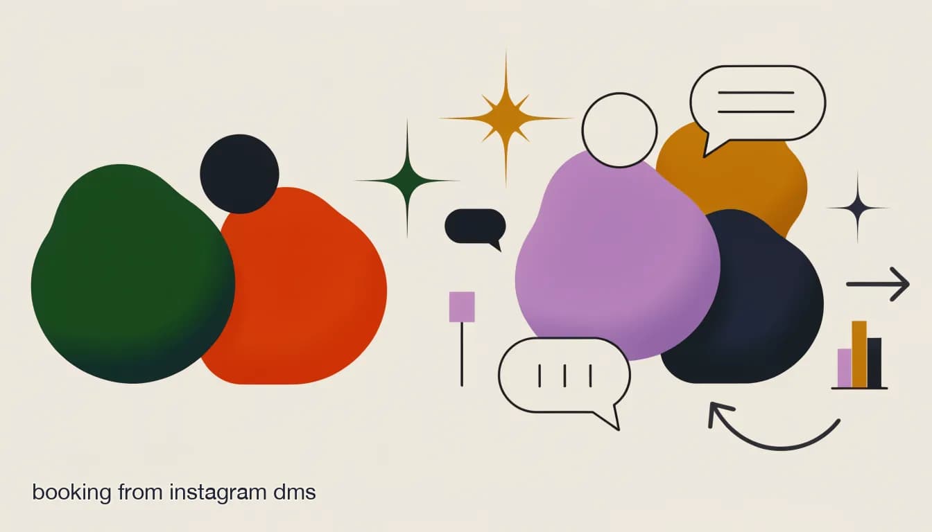 Flat illustration of an Instagram comment triggering an automated DM booking flow for a hair salon promo, showing the keyword comment, public auto-reply, and private booking conversation, on Booking From Instagram DMs: A Comment-to-DM Playbook for Salons