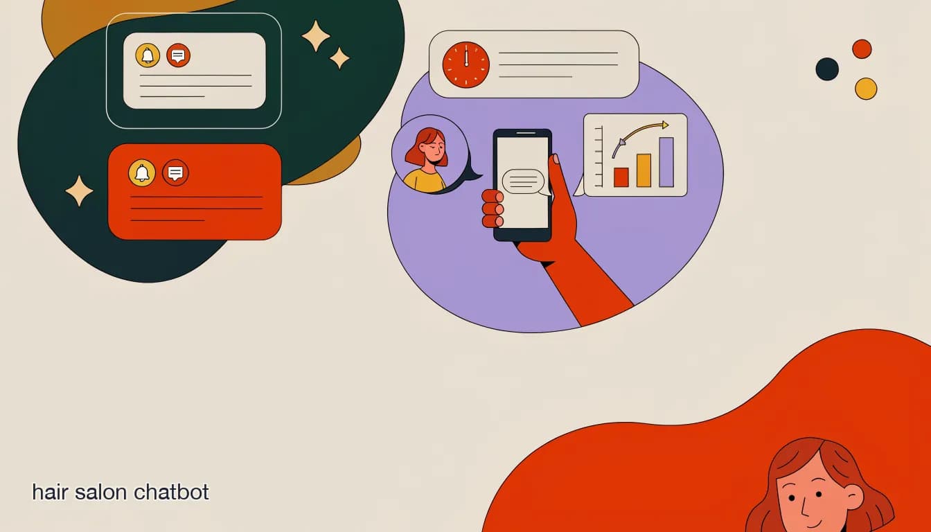 Flat illustration of Illustration of a hair salon chatbot conversation on Instagram showing automated FAQ replies alongside a human stylist handoff in a shared team inbox, on Hair Salon Chatbot: What It Should (and Shouldn't) Automate