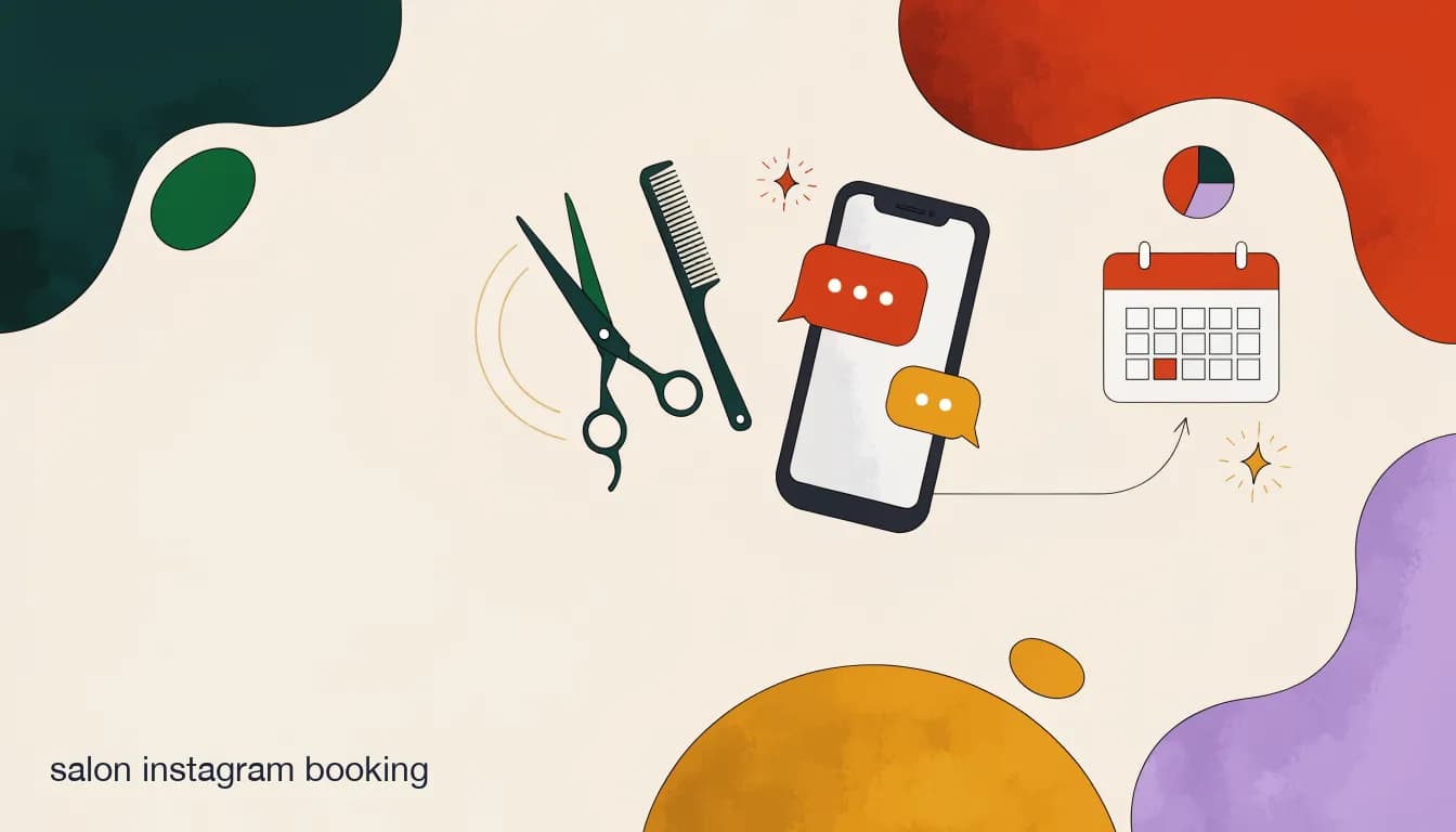 Flat illustration of a hair salon stylist's phone showing an Instagram DM conversation turning into a confirmed salon appointment booking, on Salon Instagram Booking: How to Turn DMs Into Appointments