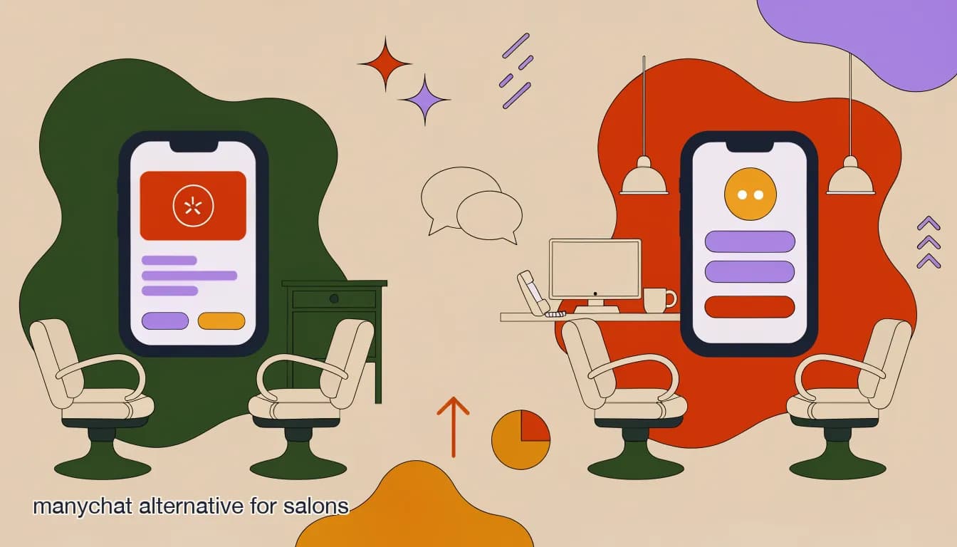 Flat illustration of Side-by-side comparison of DM automation platforms on a phone screen inside a busy multi-chair hair salon, illustrating ManyChat alternatives for beauty businesses, on Best ManyChat Alternative for Salons and Barbershops in 2026