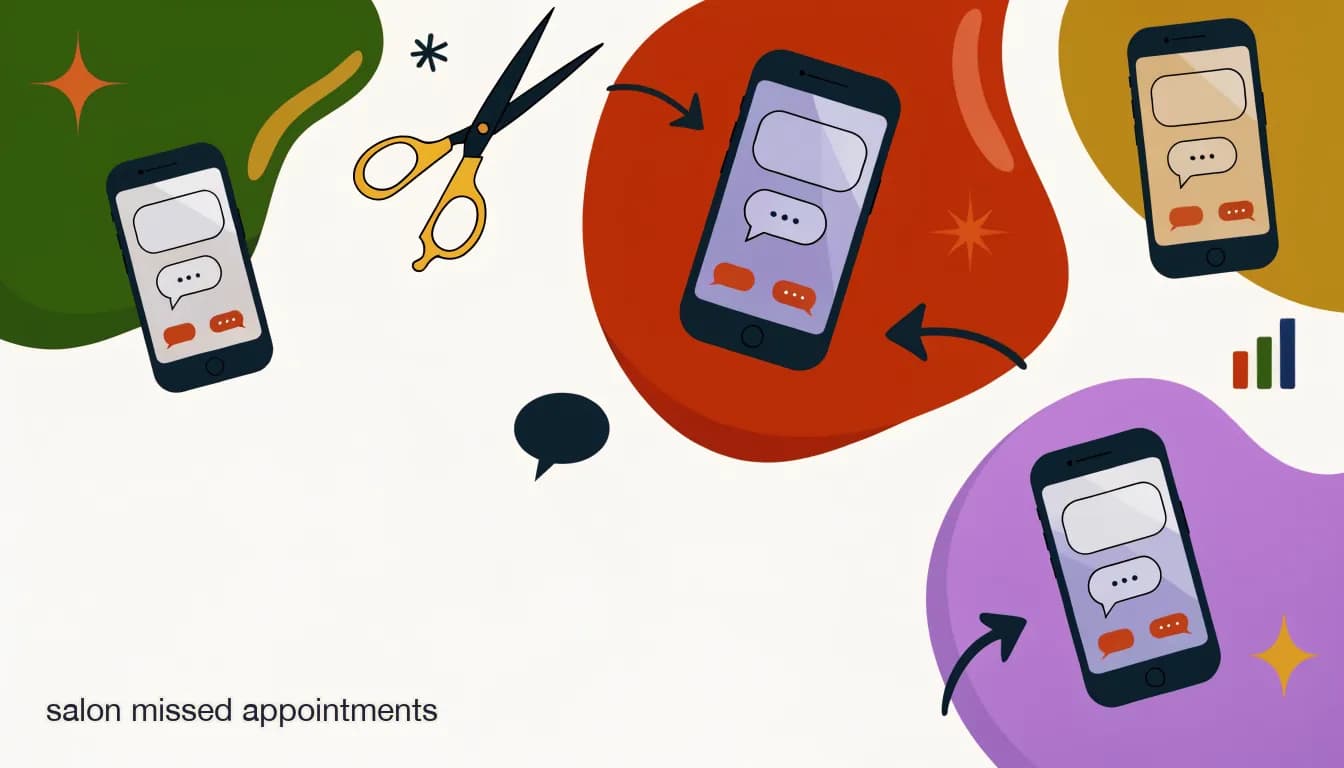 Flat illustration of Busy multi-chair salon with multiple phones showing unread DMs, illustrating the salon missed appointments problem caused by slow DM replies across staff accounts, on Salon Missed Appointments: The Real Cost of a Slow DM Reply