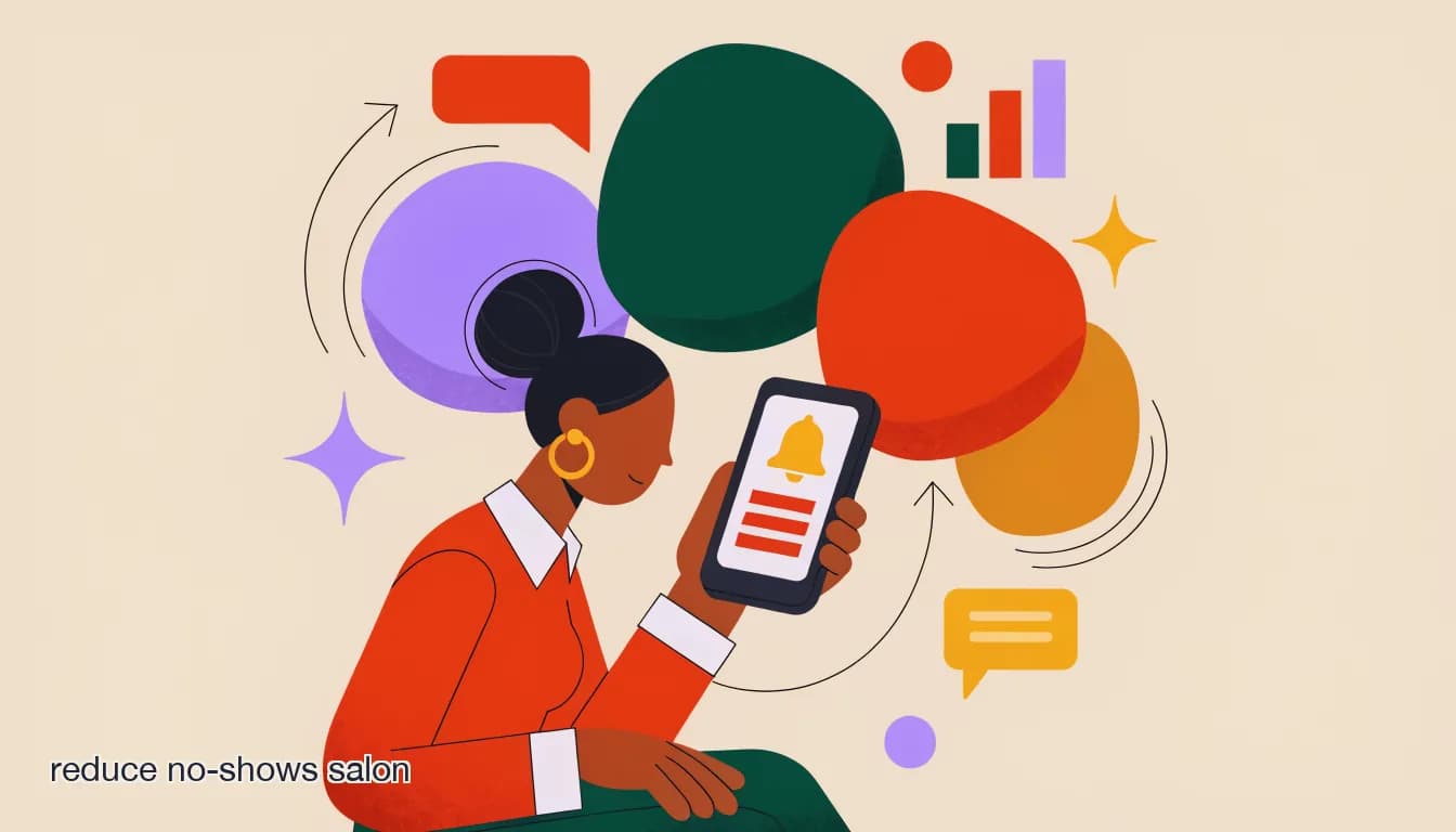 Flat illustration of Salon stylist looking at a phone showing an automated appointment reminder message, illustrating strategies to reduce no-shows at a hair salon or barbershop without requiring deposits, on How to Reduce No-Shows at Your Salon Without Deposits or Awkward Calls