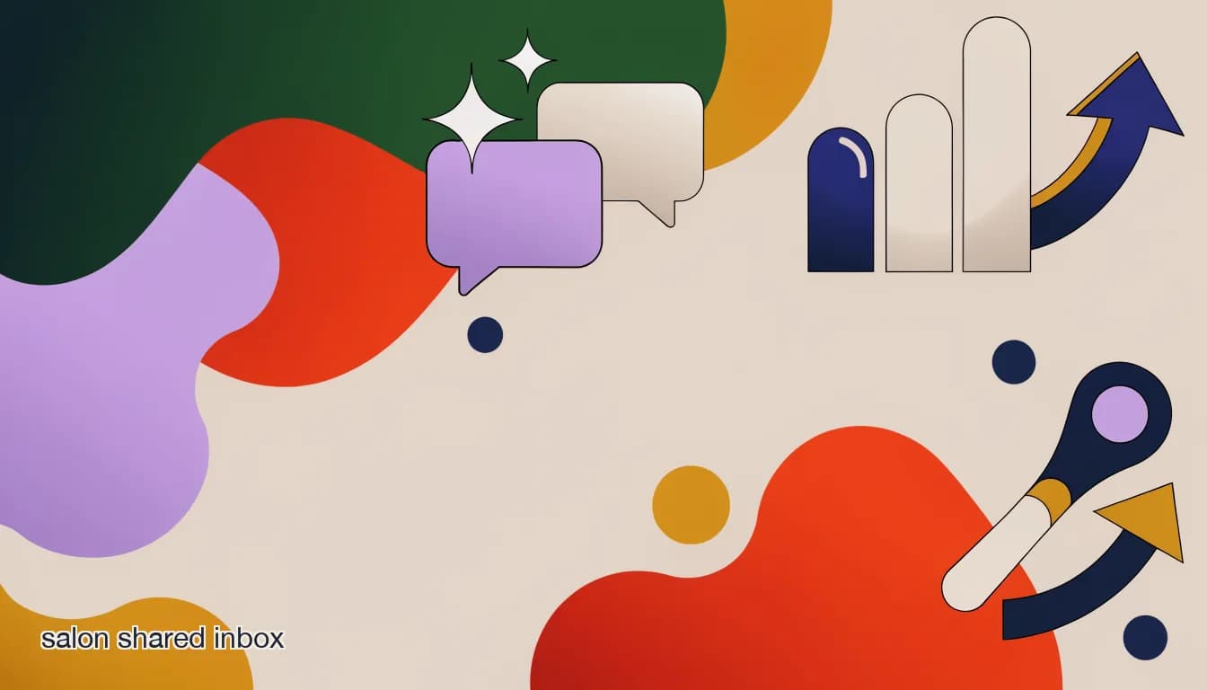 Flat illustration of a multi-chair hair salon shared inbox dashboard showing conversation assignment across multiple stylists on Instagram and Facebook, on One Shared Inbox for Every Chair: Stop Double-Booking at Multi-Chair Salons