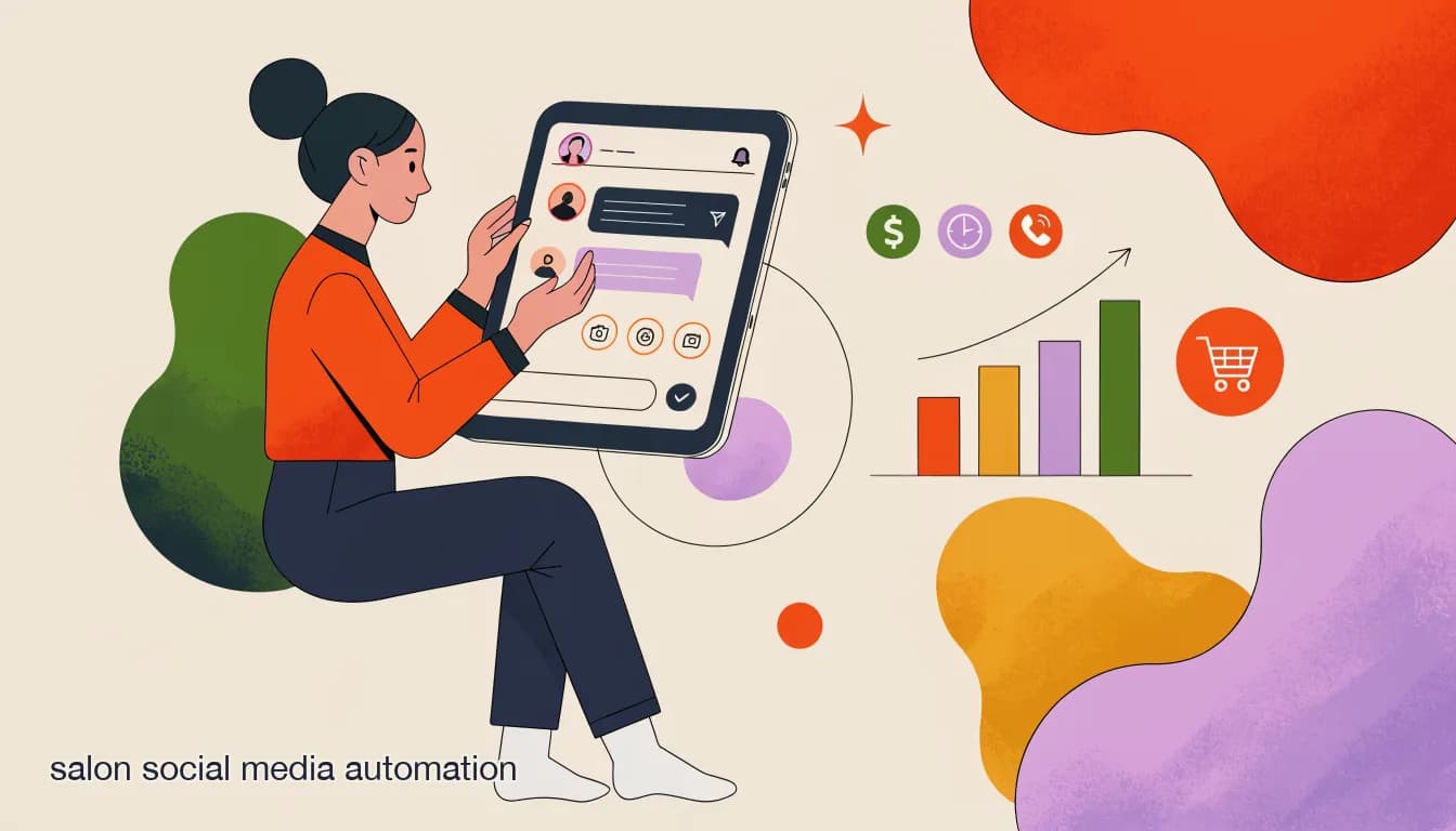 Flat illustration of Salon owner reviewing social media automation pricing on a tablet next to a cost breakdown chart, with Instagram DM conversations and a booking flow visible on screen, on Salon Social Media Automation: Pricing, ROI, and What It Actually Costs in 2026