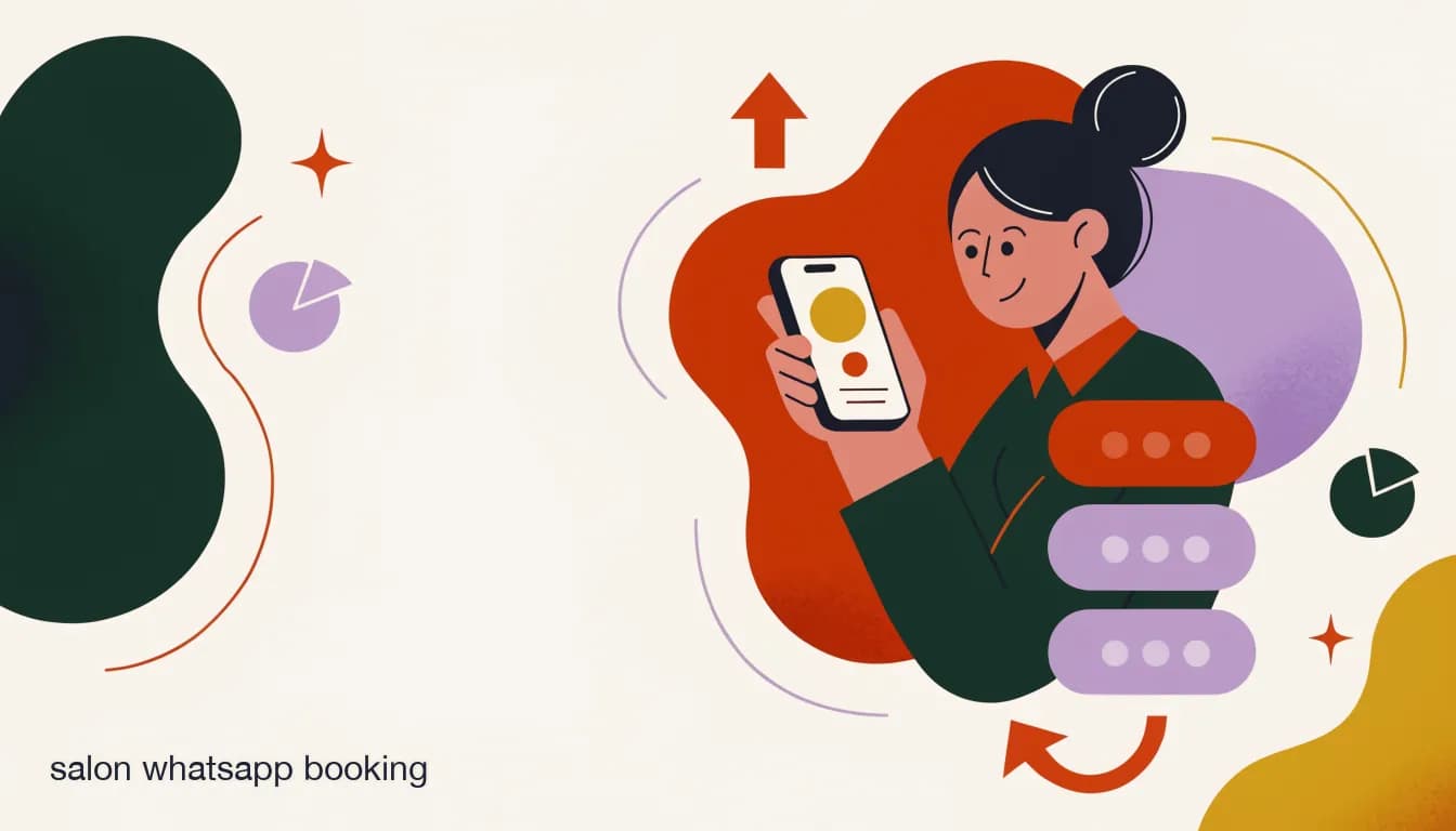 Flat illustration of Illustration of a salon owner reviewing a WhatsApp Business booking flow on a smartphone, with automated appointment confirmation and reminder messages displayed, on Salon WhatsApp Booking: How to Set It Up Step by Step