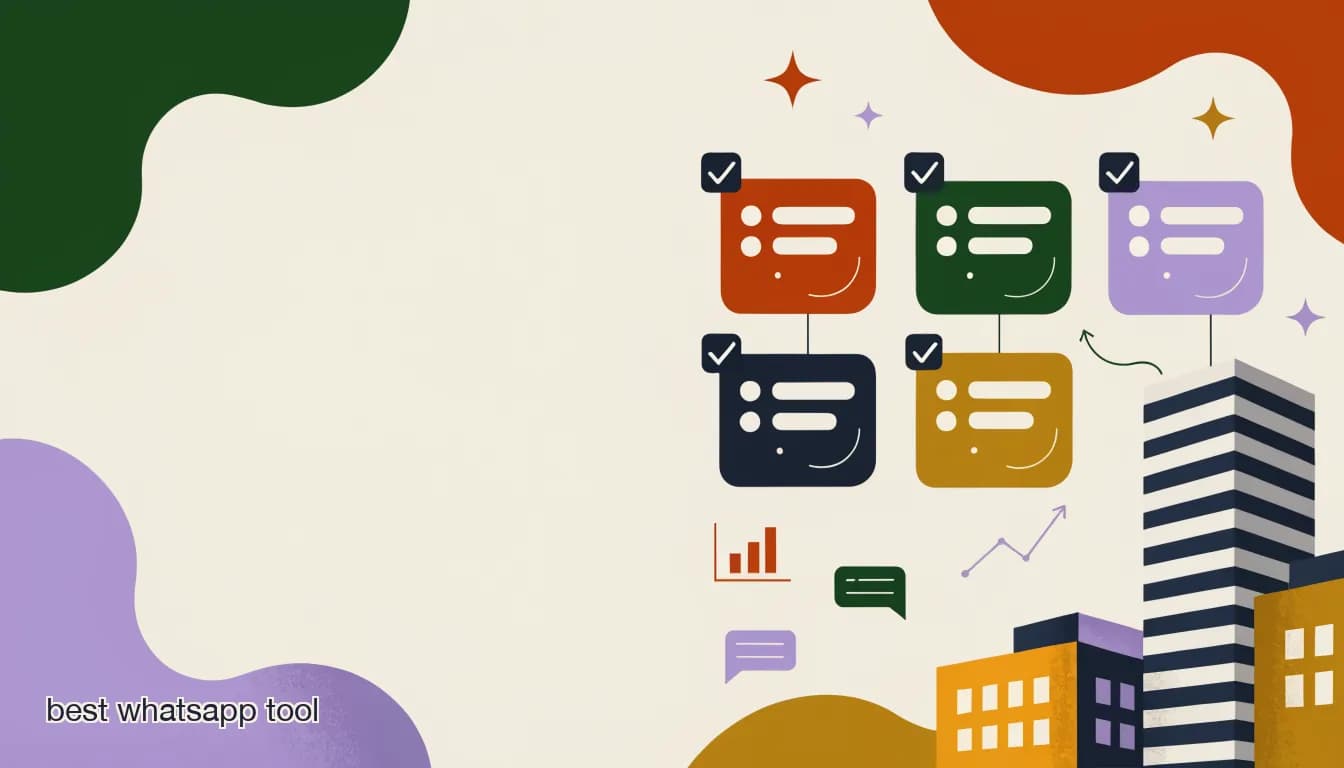 Flat illustration of six WhatsApp business tools displayed on a comparison grid with a Singapore cityscape background and a checklist overlay, on Best WhatsApp Business Tool for Singapore SMBs in 2026 (Compared)