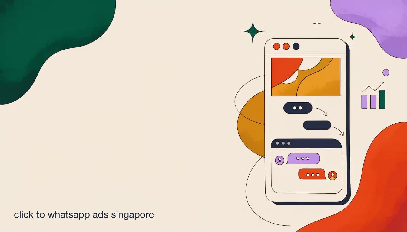 Flat illustration of a Singapore mobile phone showing a Facebook ad with a chat button leading into a WhatsApp conversation window, representing click-to-WhatsApp ads, on Click-to-WhatsApp Ads in Singapore: From Ad Click to Qualified Chat