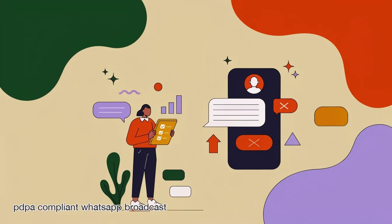 Flat illustration of a Singapore SMB owner reviewing a PDPA compliance checklist on a tablet next to a phone showing a WhatsApp broadcast message with an opt-out option, on PDPA-Compliant WhatsApp Broadcasts: A Singapore SMB Compliance Checklist