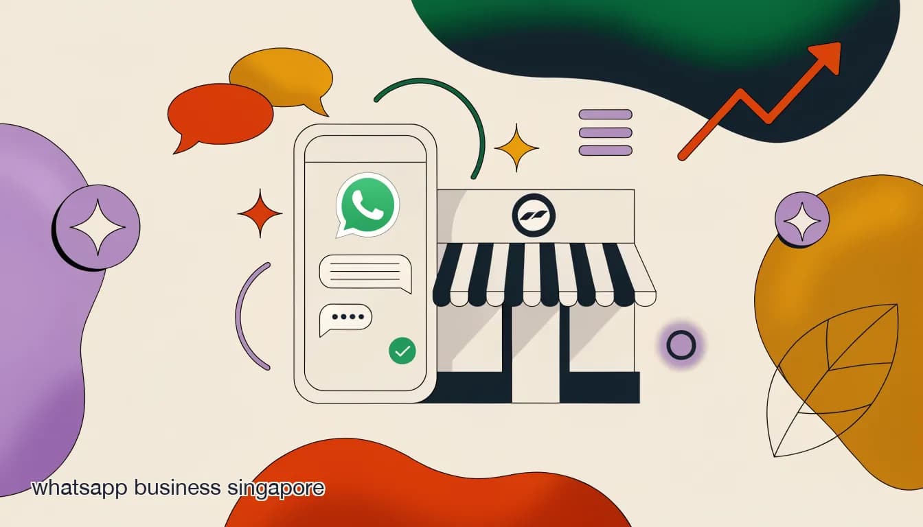 Flat illustration of a Singapore shopfront with a phone showing a WhatsApp Business chat with a customer, on WhatsApp Business in Singapore: Why It's Your Most Important Sales Channel in 2026